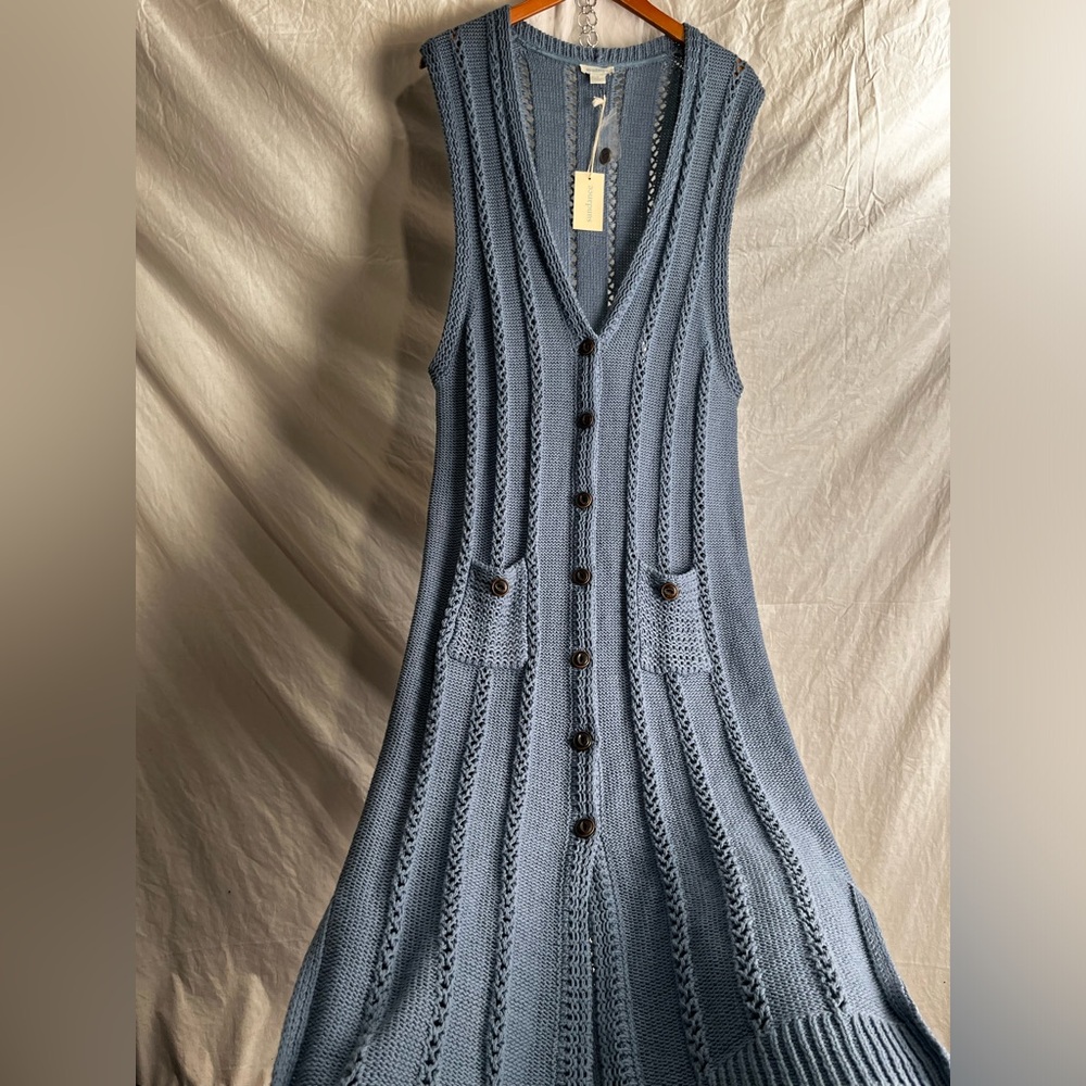 Sundance Women S Vella Sweater Duster Vest  Long Sleeveless Blue Chunky Knit Top